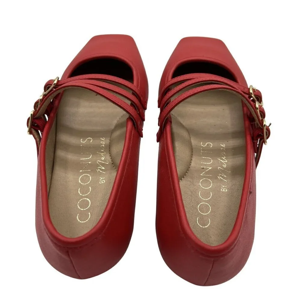 Coconuts New By Matisse 6 Red Triple Strap Mary Jane Ballet Flats Square Toe